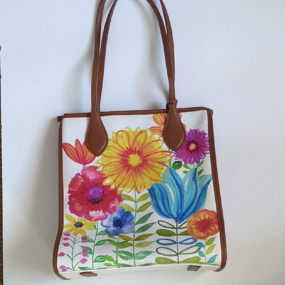 Floral Canvas Tote Bag with Brown Accents